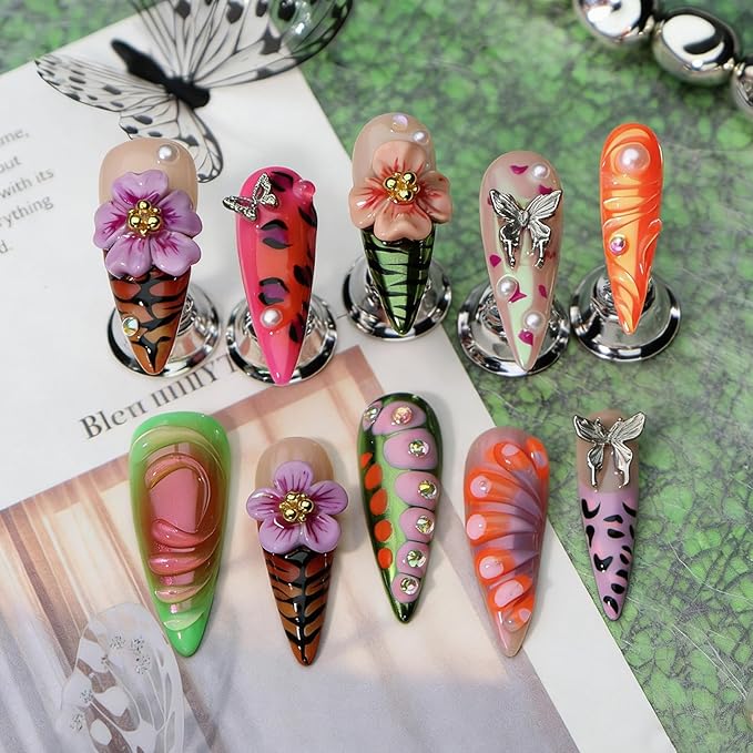 3D Floral Butterfly Press on Nails Long Stiletto Fake Nails Pure Hand-Painted Nail Animal Print with Design Coloful Stick on Nail Exquisite False Nail for Women Spring Manicure (S)