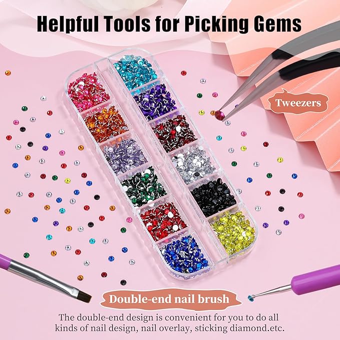 1800Pcs Small Resin Rhinestones for Nail Art, Colorful 3mm Bedazzling Flatback Crystals Nail Gems Nail Rhinestones with Pickup Tools for Manicure Decor Crafts DIY (7-K1-3mm-soild-color)