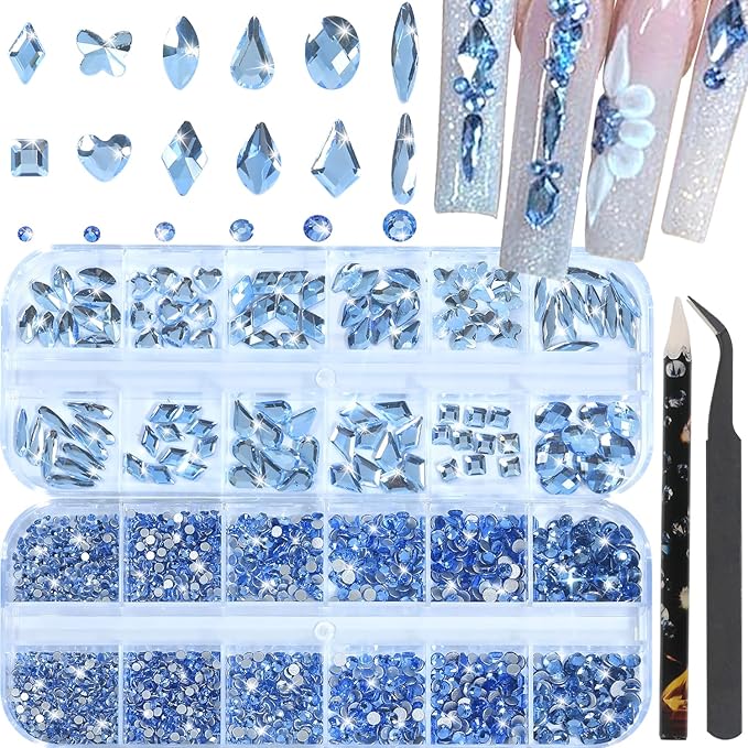 Nail Rhinestones - 3D Multi Shape Size, Flat Back, Crystals Manicure Rhinestones Charms, Light Blue Nail Gems, with Kit, for Nail Art, Bedazzling Acrylic Nails, DIY Decor