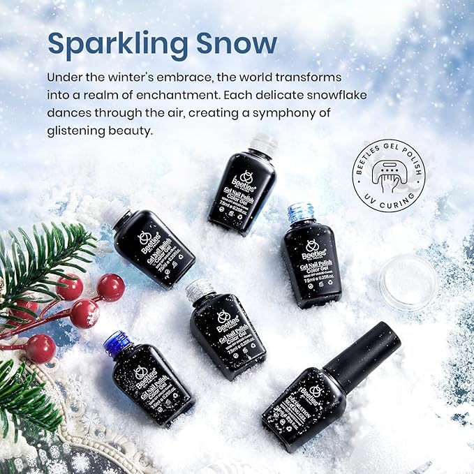 Beetles Easter Gel Nail Polish Set 5 Winter Colors Dark Blue Glitter White Light Blue Silver Gel Polish with Sealing Gel Sugar Dust Powder Nail Sticker UV LED Needed Gifts for Women Sparkling Snow