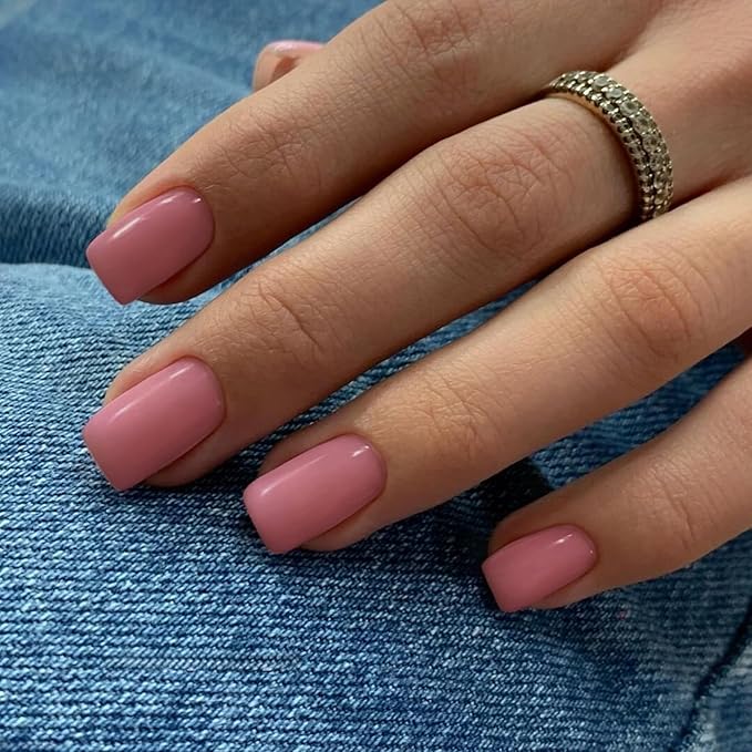 Rose Pink Press on Nails Short Square, Natural Short Gel Nails Glue on Acrylic Nails Press ons, 48Pcs Thick Reusable Fake Nails for Women, Short Coffin Artificial Nails New Solid Color Square Nails