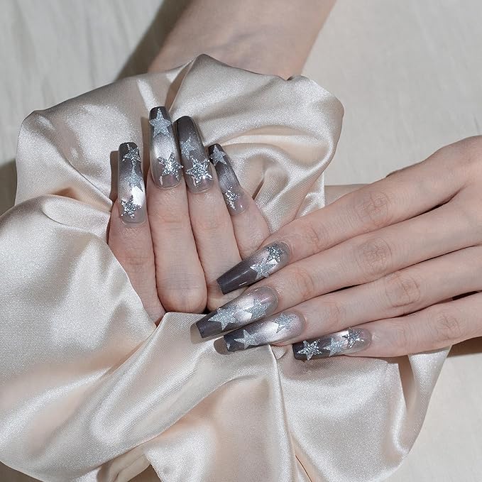Sun&Beam Nails Handmade Press-on Long Coffin Ballerina Silver Grey Ombre Design Fashion False Nail Tips 10 Pcs Set (#263 S)