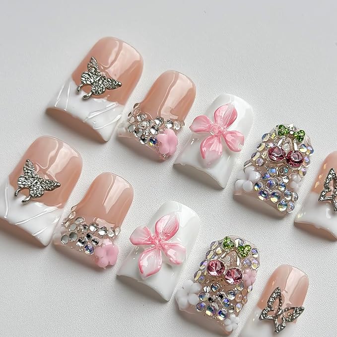 Luxury Press on Nails Short Duck Handmade 3D Unique Reusable ABS Material Fake Nails White French Tip False Nails with Designs Pink Flower Butterfly Glossy Glue on Nail Thick Acrylic Nail(S)