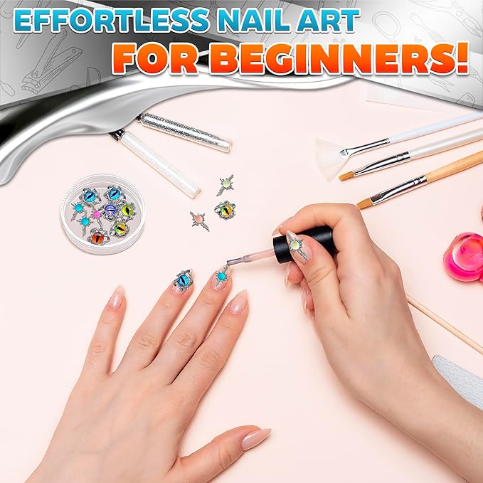 24 Pcs Dragon Eye Charms for Nails – 3D Silver Cross Nail Charms and Gems with Bright Crystals, Easy-to-Apply Art Kit – Stunning Nail Decor for Unique & Creative Manicures