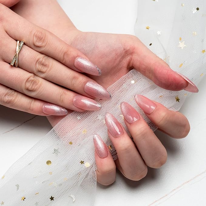 Sun&Beam Nails Handmade Medium Long Almond Pink False Nail Tips with Cute Magnetic Popular Charm Design Press On Nails 10 Pcs (#53 XS)