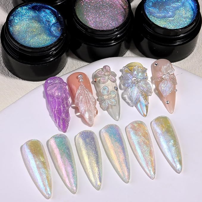 3D Sculpting Gel for Nail Art, 6 Iridescent Aurora Glitter Colors, Non-Sticky Solid Builder Hard Gel for 3D Nail Designs, with Silicone Carving Pen, Seashell Mold, Rhinestones & Pearls