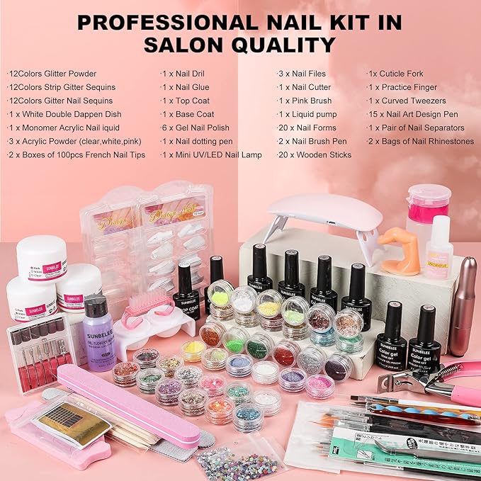 Professional Acrylic Nail Kit with UV Light, Gel Polish, Drill, Art Tips & Decoration - DIY Nail Art Tool & Supplies