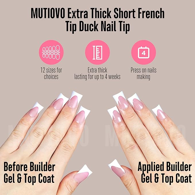 White French Tip Short Duck Nail Tips Press on, BERRY PINK Extra Thick Pre-designed Soft Gel Nail Extension, Need Builder gel & Top, Coat Full Cover False Nails for DIY x 12 Sizes 240 pcs