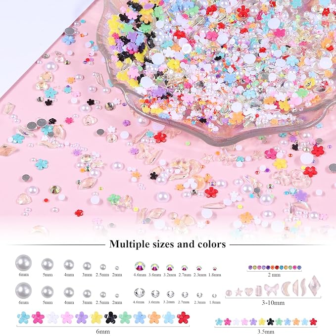 5 Boxes Gold & Silver Metal Nail 3D Punk Studs Star Moon Heart Triangle Square Rivet Gems Nail Art Jewels with a Curved Tweezers and a Nail Brush and a Wax Pen Picker (7-Rhinestones kit-4)