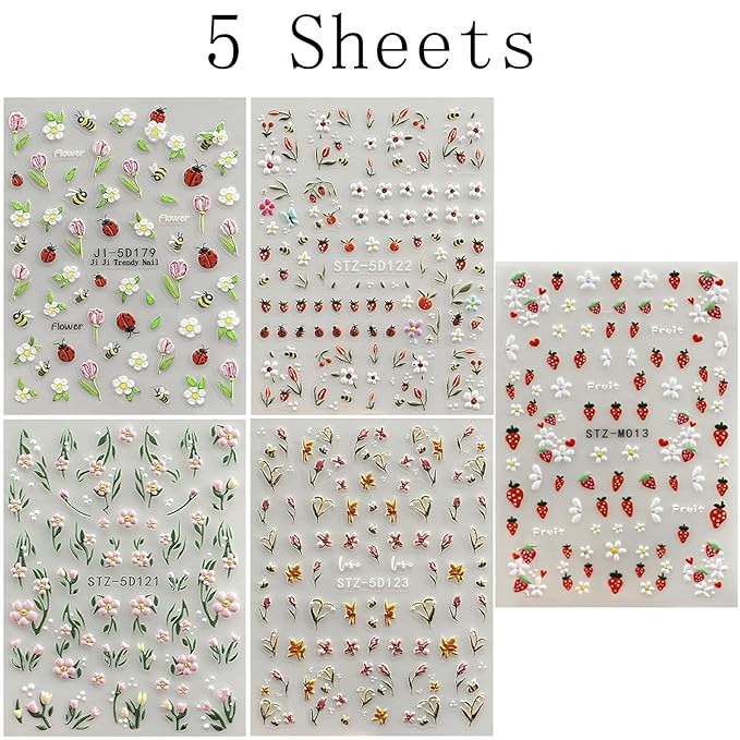 Flower Nail Art Stickers 5D Embossed Tulip Nail Decals Spring Summer Colorful Flower Nails Design Self-Adhesive 3D Accessories for Women Nails DIY Decoration(5 Sheets)
