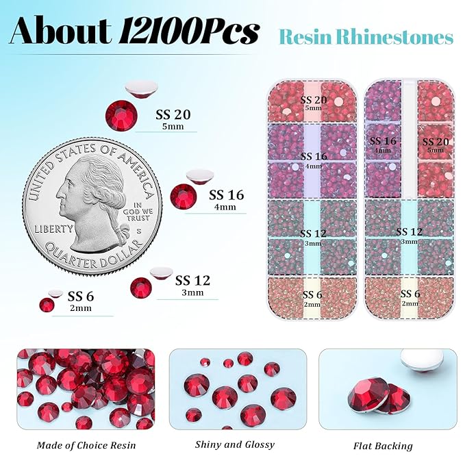 12100Pcs Resin Rhinestones for Crafting with 3Pcs 10ml B7000 Jewelry Glue, 2 Boxes Flatback Crystals Diamond (Dark Red) for Bedazzling Crafts DIY Nail Art，Non Hotfix Gems for Clothing Shoes