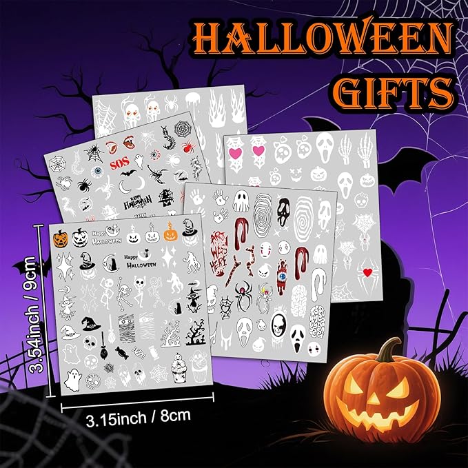 Glow Halloween Nail Art Stickers, Luminous Nail Sticker Decals for Girl Women, Scary Skull Bat Pumpkin Ghost Cat Words Nail Stickers for Nail Art Kids Party Gifts Decoration Self-Adhesive, 9 Sheets