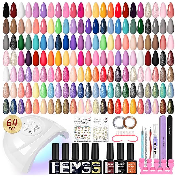 phoenixy Gel Nail Polish Kit with U V Light, 64 Pcs Gel Polish Nail Set 45 Colors All Seasons Nail Polish Set with Base and 4 Effects Top Coat Manicure Tools Complete Gel Nail Kit Gift for Women