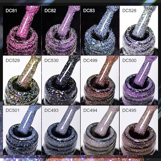 MTSSII Gel Polish Reflective Glitter Gel Nail Polish Set, 12 Colors Holographic Sparkle Glitter Gel, Flash Diamond Sliver Gold Black Red UV LED Soak Off Manicure Kit Gift for Women Girls
