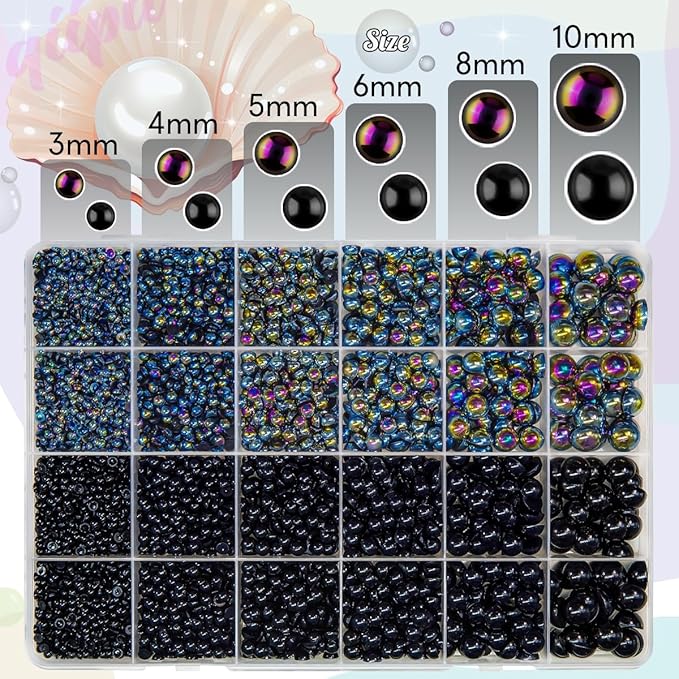 2 Styles Solid Black +Black AB Flatback Pearls w B7000 Glue for Bedazzling Crafting 3mm-10mm Half Round Beads Gems Bedazzler Kit for Nails Face Eyes Makeup Tumblers Bottles Crafts Shoes Phones