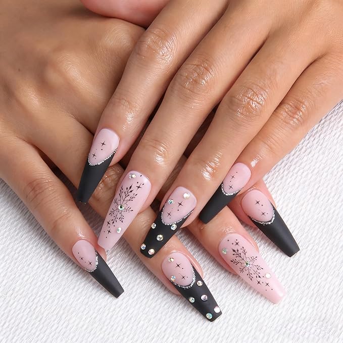 24pcs Black Long Square French Tips Press On Nails with Snowflakes, hearts and stars for Themed Costumes, Reusable Nail Kit with Nail Adhesive Tabs Mini Nail File, 12 Sizes (Black)