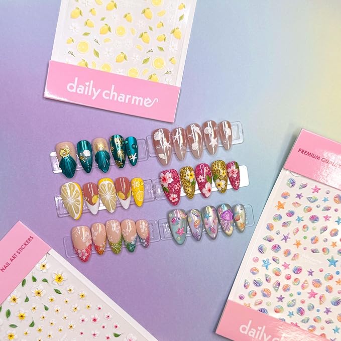 Daily Charme 3D Nail Art Sticker Bundle Fun Summer Nail Art Stickers Decals for Summer Nails Shellfish Starfish Beach Tropical Design Manicure Decals Stickers