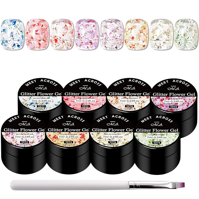 MEET ACROSS 9Pcs Glitter Gel Nail Polish Set Petal Gel Polish Kit with 1Pc Nail Brush, Soak Off Nail Art Design Salon at Home DIY Manicure Kit Gifts for Women Girls 8 Colors