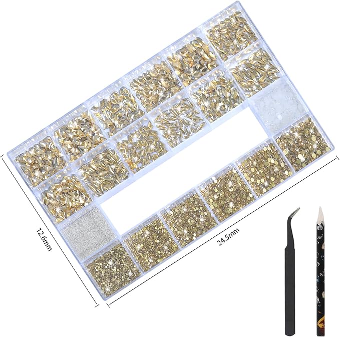 Nail Art Rhinestones - 12 Types of 600 Crystal Champagne Gold Diamonds, 3D Flatback DIY Pearls, Gems, Beads, Flat Back Stones Set, with Kit, for Nail Art Decor