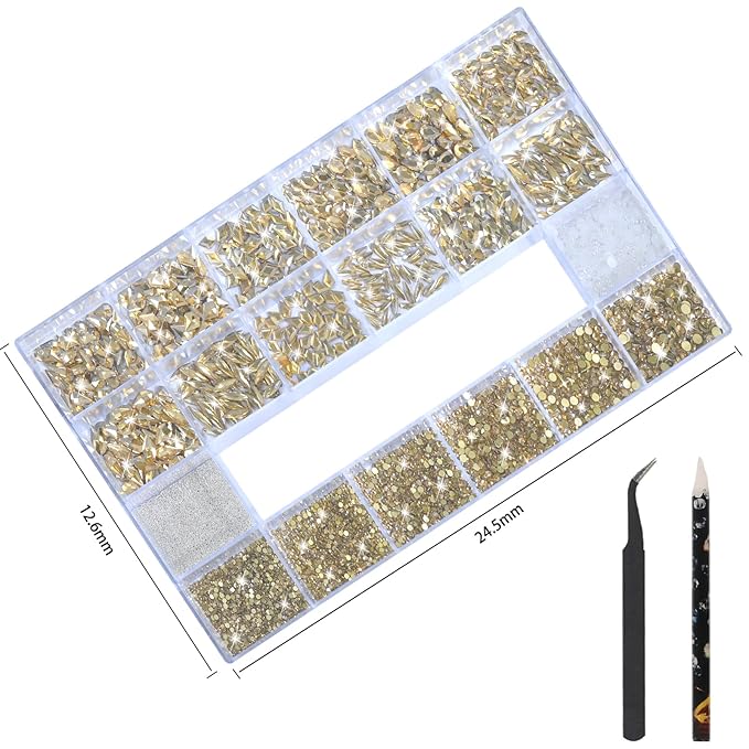 HNUIX Nail Rhinestones - 3D Multiple Shape Size Gems, Champagne Gold, Manicure beads, Pearls, Flatback Crystals Rhinestones, with Kit, for Nail Art Decor