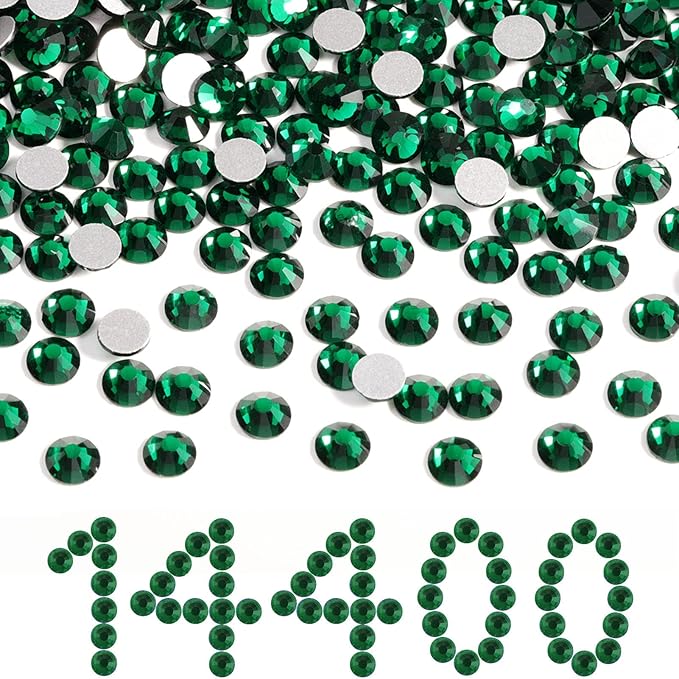 Beadsland Flatback Rhinestones Bulk,14400pcs Green Rhinestones for Nails Crafts Clothes DIY Decoration, Emerald, SS12,3.0-3.2mm