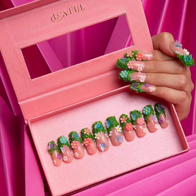 LOVFUL Press on Nails Fairy Tale Garden | Handmade with Full Covered Crystals | Reusable Full Cover Nails | Coffin Classic Regular 1.3 in | H151-M