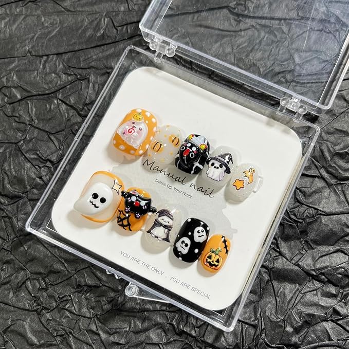 Halloween Luxury Press on Nails Short Square Handmade 3D Unique Reusable ABS Material Fake Nails Cute False Nails with Designs Pumpkin Spider Web Glossy Glue on Nail Thick Acrylic Nail(M)