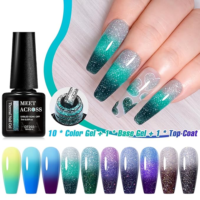 MEET ACROSS 12 PCS Color Changing Gel Nail Polish Kit Glitter Temperature Mood Changing Blue Purple Gray Color Changed Gel Soak Off Nail Art Design Kit Manicure at Home