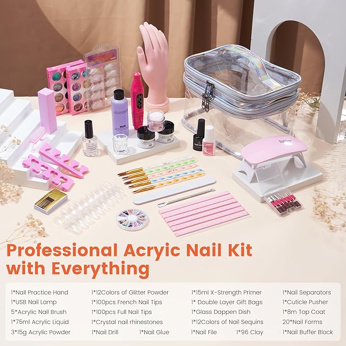 Nail Kit for Beginners with Everything: Practice Nail Hand Acrylic Set Professional Powder Liquid Starter Kits with Drill U/V Lamp in Cosmetic Gift Bag for Salon Home (Sliver)