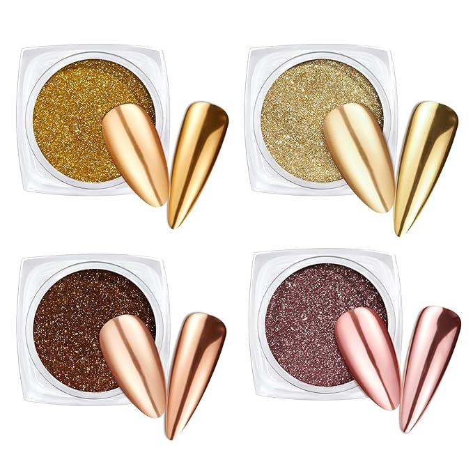 Beetles Metallic Chrome Nail Powder Mirror Effect Gold Champagne Chrome Powder 4 colors Brown Nails Art Design Manicure Decoration Glitter, 0.5g/Jar Holiday Gift for Women Girls