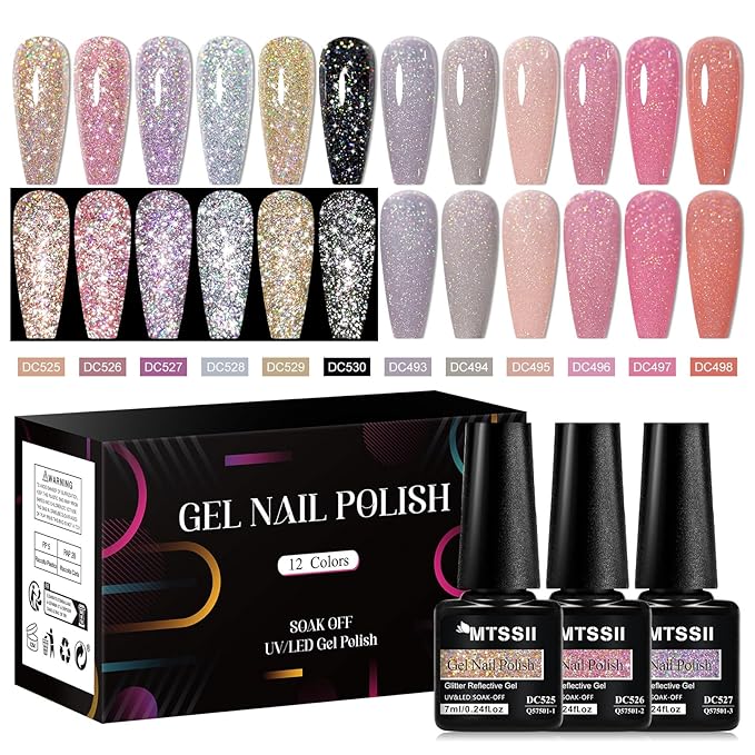 MTSSII Reflective Glitter Gel Polish Gold Silver Pink Glitter Sparkly Shiny Disco DJ LED Gel Nail Polish Nail Varnish 12PCS 7ml