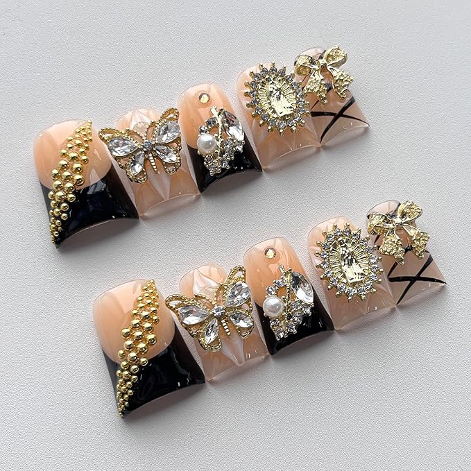 French Tip Press on Nails Handmade Short Duck 3D Flower Thick Acrylic Nails Black False Nails with Bow Rhinestones Butterfly Designs Elegant Glossy Fake Nail Sturdy Art Press on Nail 10Pcs(M)