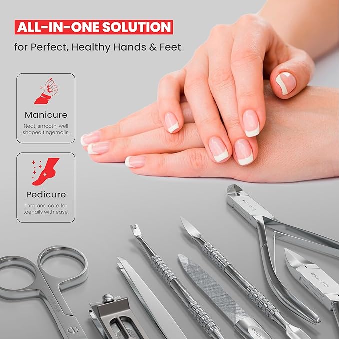 Suvorna Manicure Pedicure set with Toenail Clippers, Cuticle Nippers, Nail Clippers, Nail Scissors, 2 Cuticle Pusher, Nail File & Tweezer - Made with Stainless Steel - Nail Care kit (Black, 8 Pcs)