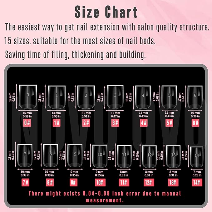 NOVO OVO Straight Square Thick Short Natural Nail Tips Press on, No C Curve Sharp Square Soak Off Soft Gel Fake Nail Extension, Full Cover False Nails for Acrylic French, Salon DIY x 15 Sizes 510 pcs