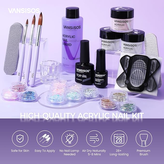 Acrylic Nail Kit for Beginners:Nails Kit Acrylic Set with 3PC Acrylic Powder 75ml Acrylic Liquid Set with Glitter Powder Top Coat Nail Tools Perfect Acrylic Nail Kit for DIY Nail Art at Home