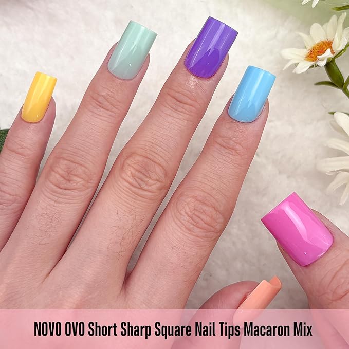 NOVO OVO Pastel Nail Tips Press on Macaron Color Colorful 6 Mix Dopamine Shades, Short Sharp Square Soft Gel Matte Thick False Nail Extension, Full Cover Acrylic for Salon DIY x 15 Sizes 180 pcs