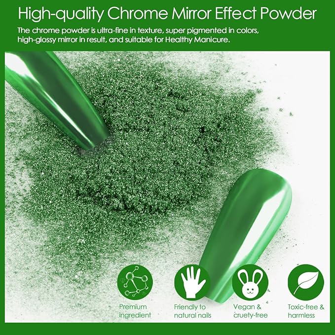 Allstarry Green Chrome Nail Powder, 2 Colors Metallic Effect Mirror Chrome Powder Pigment Manicure Glitter Kit for Gel Polish St Patricks Day Nail Art St Patty's Day Accessories - Wheat Field Green