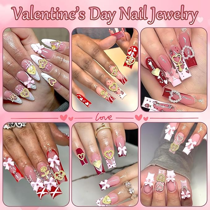 BELICEY Valentines Red Pink Hearts Nail Charms Gold Metal Heart Nails Art Charm Resin Bow Flower Flatback Nail Rhinestone and Gems Nails Jewels DIY Manicure Jewelry for Women Accessories Supplies