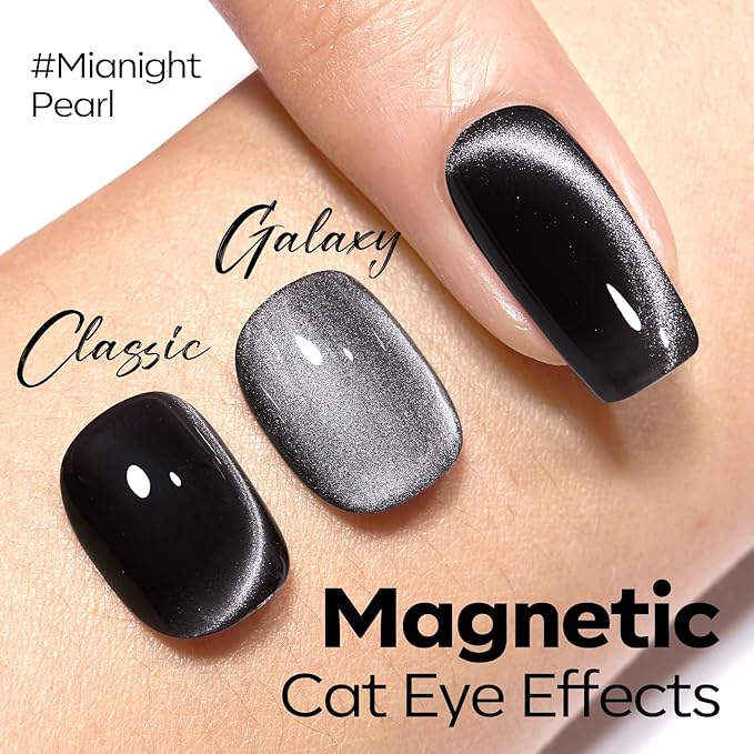 modelones Black Cat Eye Gel Nail Polish Silk Glass Shimmer Black Nail Polish Holographic Glitter Magnetic Polish with Magnet Soak Off Led 15 ML
