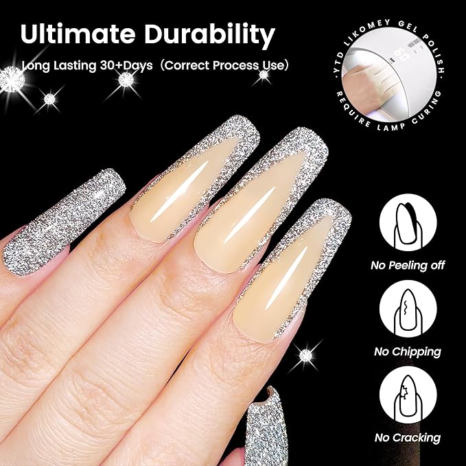YTD Likomey Reflective Glitter Gel Nail Polish,15ml Silver Flash Diamond Shimmer Nails Gel,Sparkly Shiny Salon Home Fall Winter Manicure UV Color Varnish,SZ003