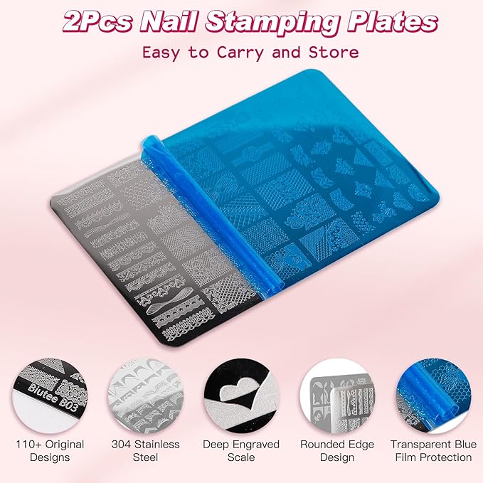 Biutee Nail Stamping Plates 2Pcs French Tip Stamp Plate 110 Patterns Nail Stamping Kit With Silicone Stamper Scraper Large Lace Line Flower Nail Art Stamping Template Holiday Gift for Women