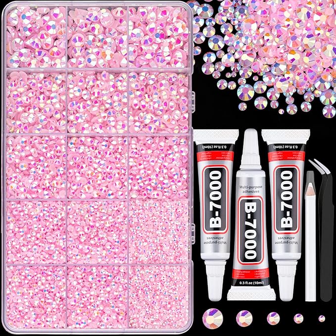 16000Pcs Resin Jelly Rhinestones for Crafting, Light Pink AB Flatback Gems, Bedazzling Crystal with 3Pcs 10ml B7000 Jewelry Glue for DIY Crafts Clothing Tumblers Shoes Fabric Nail Art