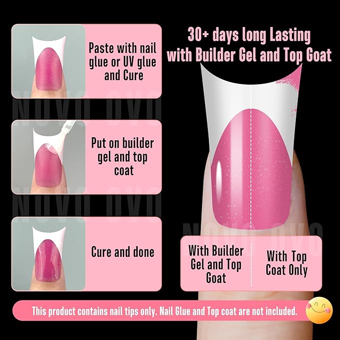 NOVO OVO Halloween Duck Nail White French Tips Press On ROSE PINK with Glitter, Full Cover Acrylic with Moon Curve, Medium Thick Pre-Etched Flare Wide Soft Gel False Nail Extension x 15 Sizes 150 pcs