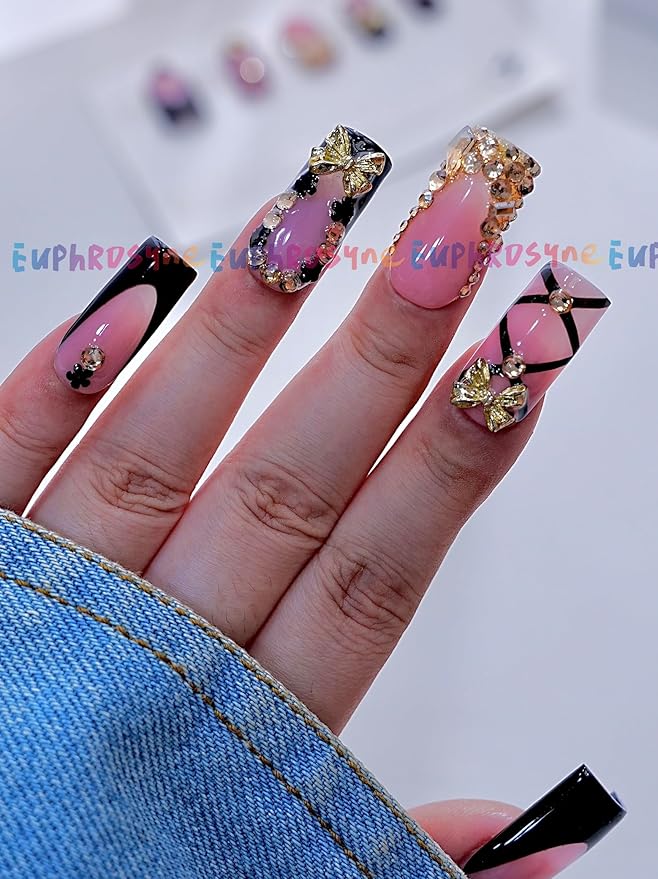 Black and Pink Press On Nails – 10PCS Glossy Coffin Fake Nails with Criss-Cross Ribbon, Rhinestones and Gold Butterfly Charms, Reusable Glam Nails for Women and Girls – Euphrosyne