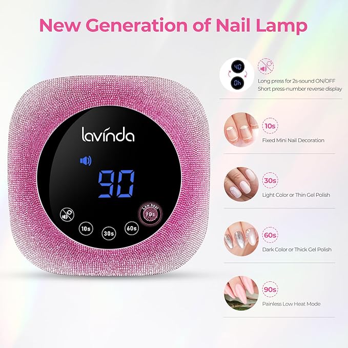 Lavinda UV Nail Lamp, 54W UV Light for Gel with Rhinestones, Plug-in LED Nails Light Dryer for Gel Polish, Fast Curing Lamp for Salon Home Use, Gradient Pink