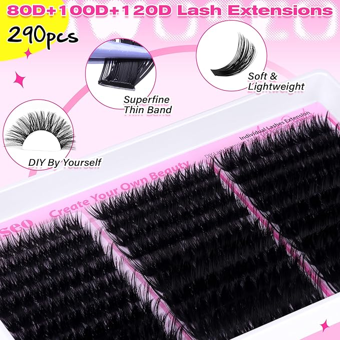 wiwoseo Fluffy Lash Clusters Kit Mink Lashes Clusters Kit Salon Like Eyelash Clusters Kit 80D+100D+120D Cluster Eyelash Extensions kit with Bond and Seal 10-18MM Full of Volume Individual Lashes Kit