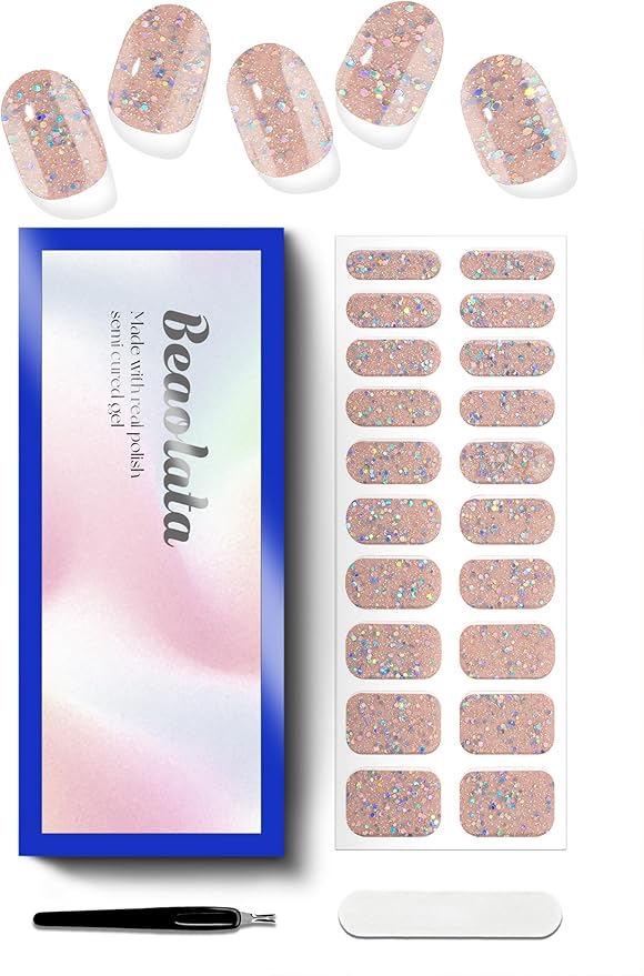 Semi Cured Gel Nail Strips - UV Light Gel Nail Stickers - 20 Long Lasting Salon Quality Wraps (Fairy Sparkle Pink)