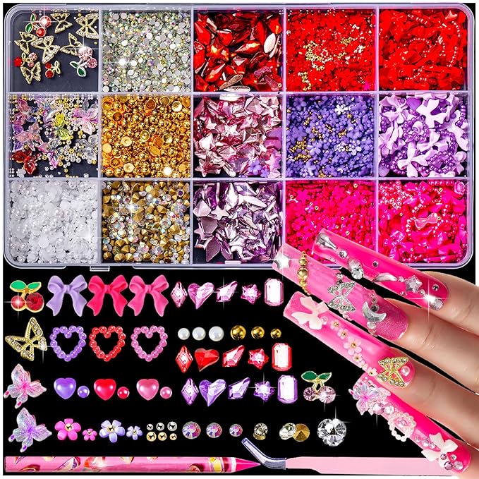 10000pcs Nail Charms and Gems:Pink Cute Bow Heart 3D Flower Charms for Junk Cases kit;Gold Chunky Butterfly Charms for Nails Design,nail jewels Diamond Rhinestones for Nails;Beads Pearls for Nails Art