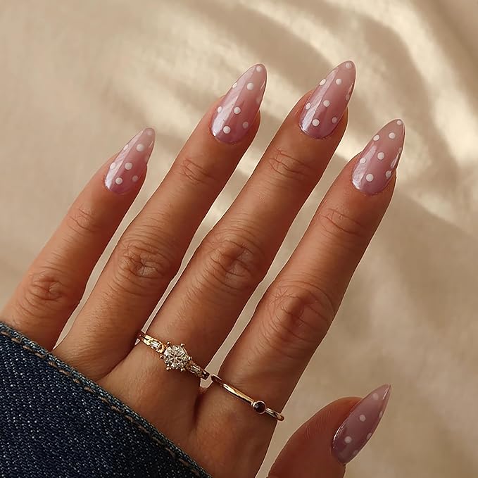 Pearlescent Press on Nails Medium, Glazed Pink Mauve with Polka Dots Fake Nails Almond Chrome Acrylic Press Ons for Women, Natural Fit Full Cover Glue on Nails in 12 Sizes - 24 Pieces Nail Kit