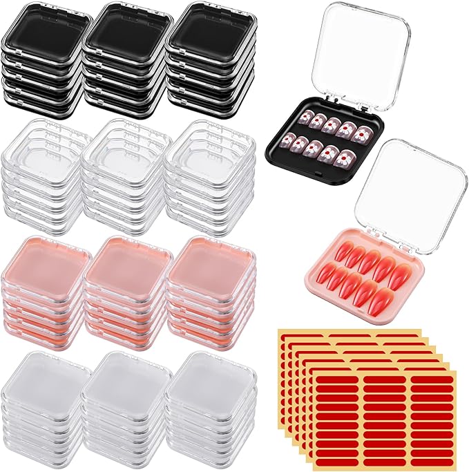 60 Pcs Press On Nail Packaging Boxes with 180 Adhesive Tapes, 3 X 3 Inch Plastic Display and Storage Case for Nail Art Business Salon Supplies, 4 Colors